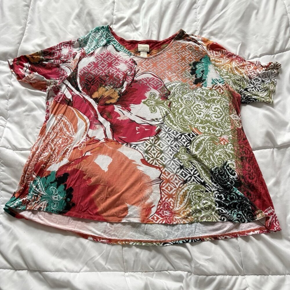 Chico's Floral Womens Size 3 XL Blouse Stretch Short Sleeve Pink Soft